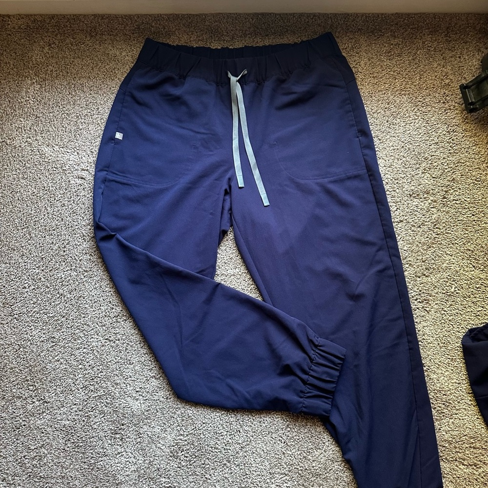 Figs Women's Navy Blue Jogger Scrub Pants with Light Blue Drawstring